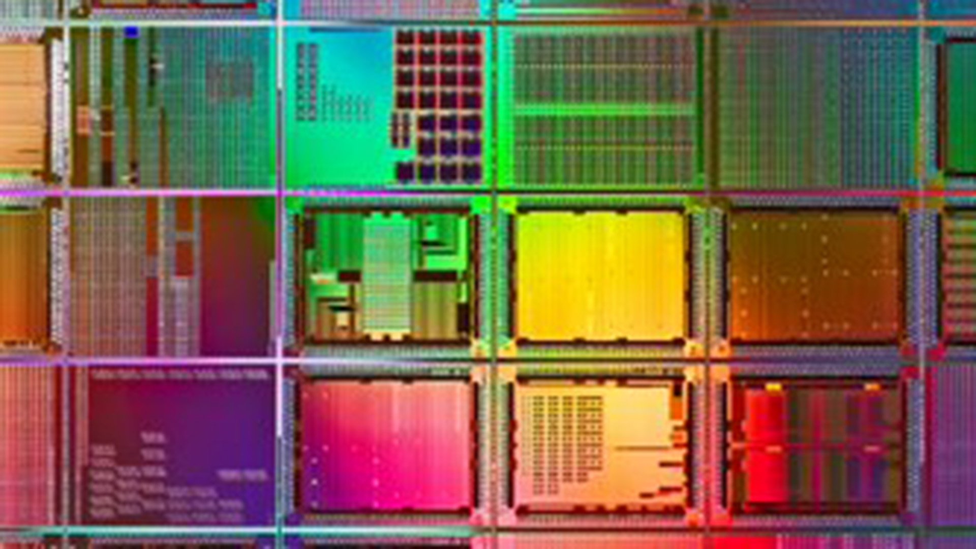 A closeup of a silicon wafer containing multiple microchips.