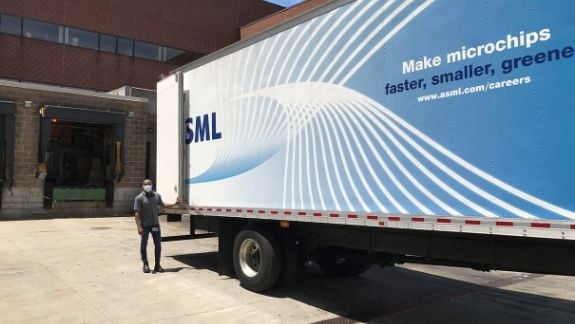 The trucks that employees at ASML in Wilton used to donate COVID protective gear to hospitals.