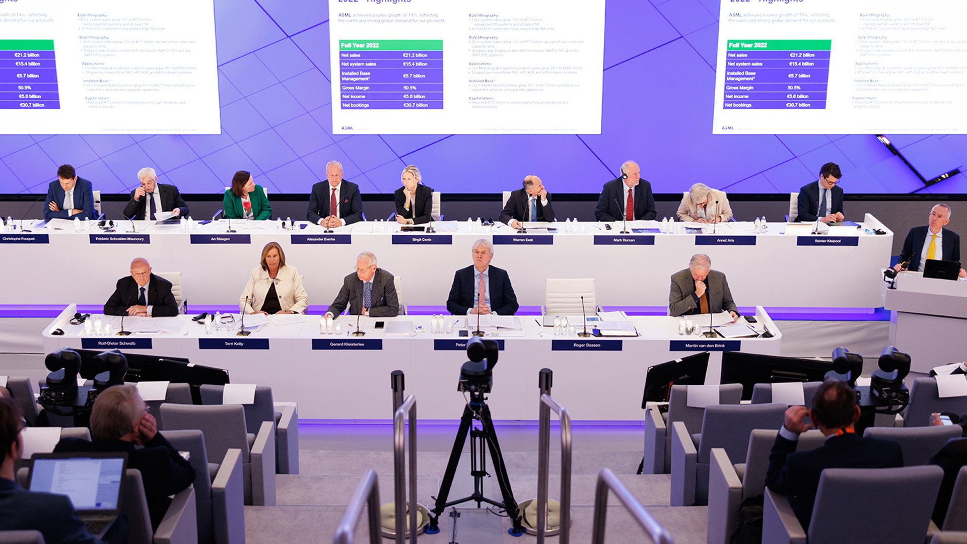 ASML's executive team seated at a long table during investor day. ASML's executive team seated at a long table during investor day.