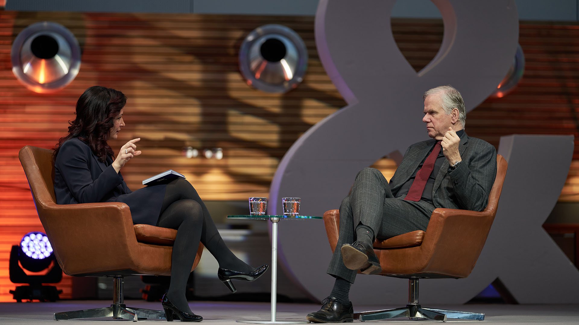 ASML CTO Martin van den Brink talks with an interviewer during a presentation at an all-employee meeting in Veldhoven, the Netherlands.