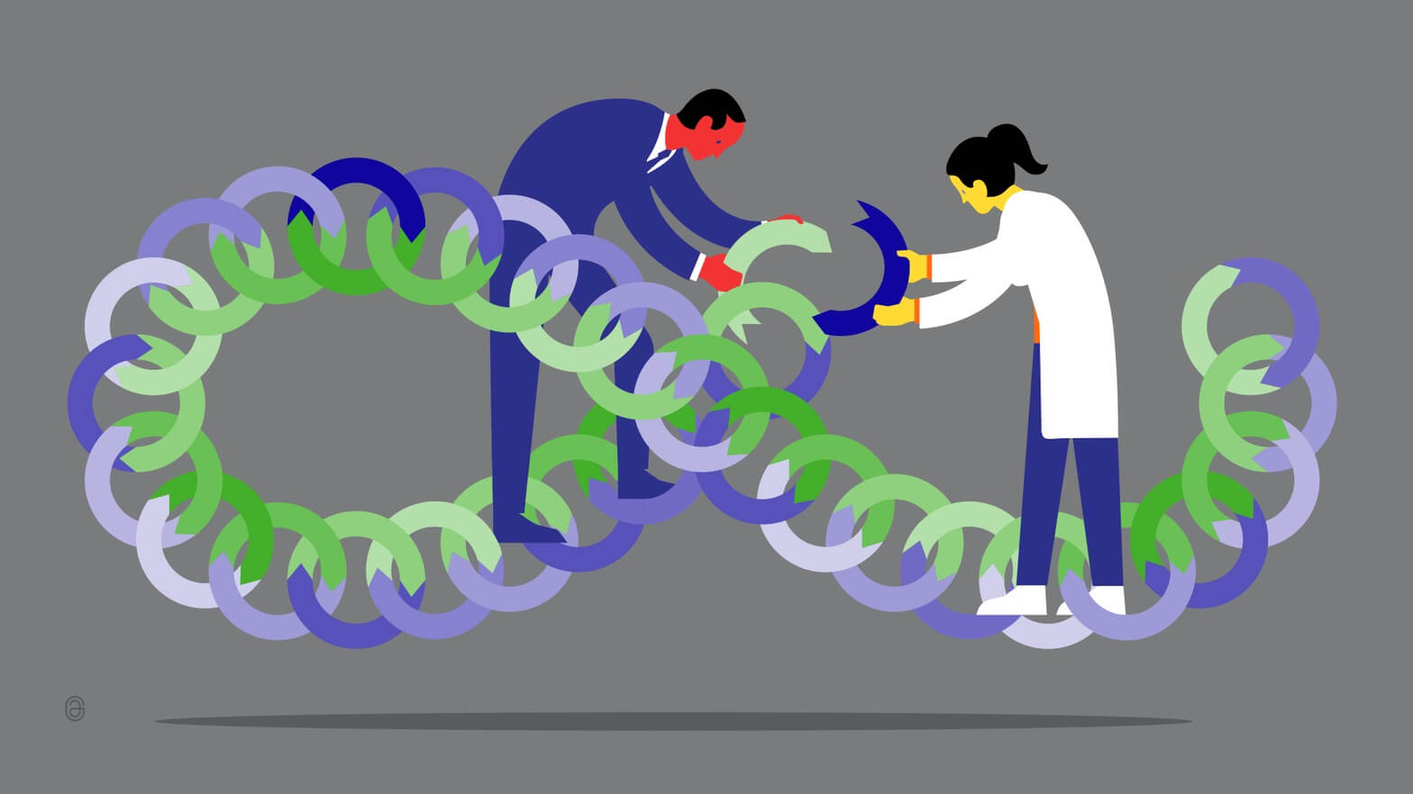 An illustration of a man and a woman joining two halves of a link in an infinity chain.