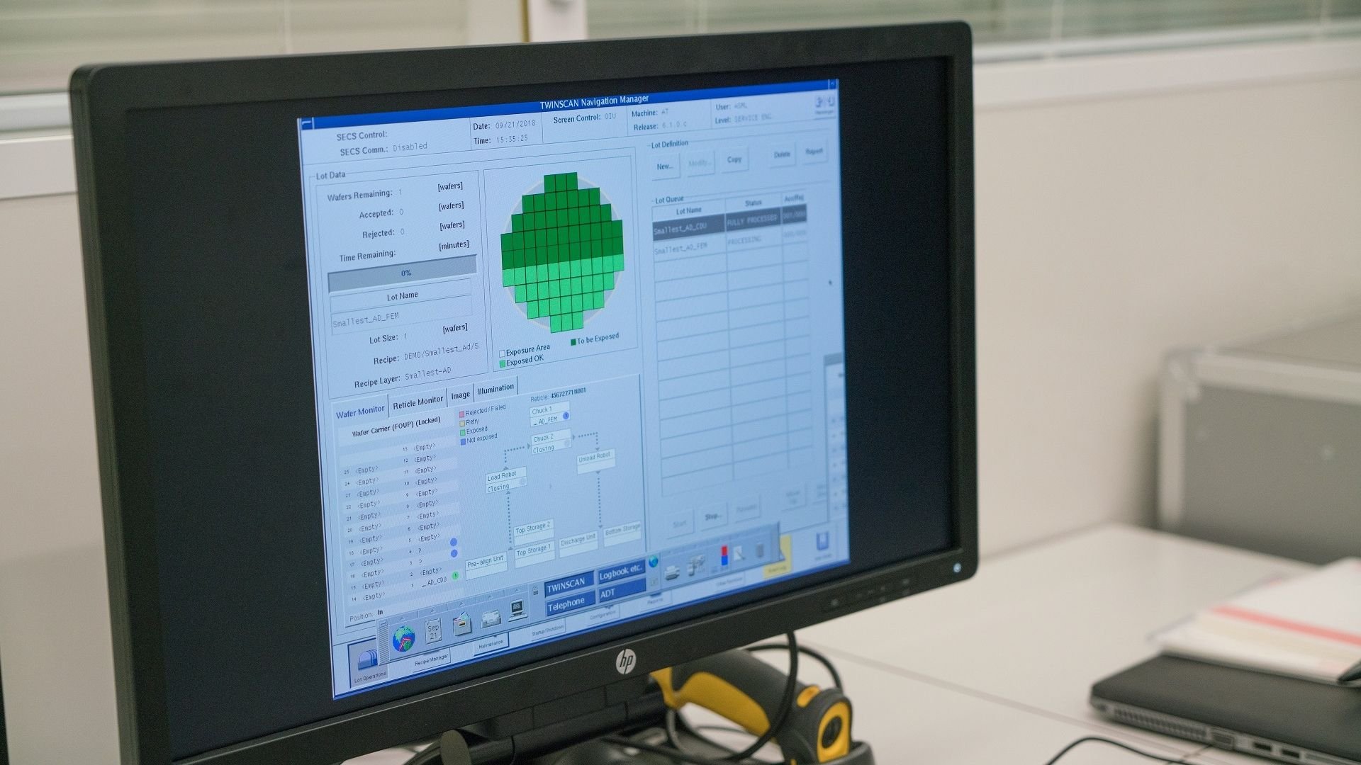 A monitor showing the progress of a wafer being exposed to deep UV light in one of ASML's TWINSCAN NXT:1970Ci DUV lithography machines. A monitor showing the progress of a wafer being exposed to deep UV light in one of ASML's TWINSCAN NXT:1970Ci DUV lithography machines.