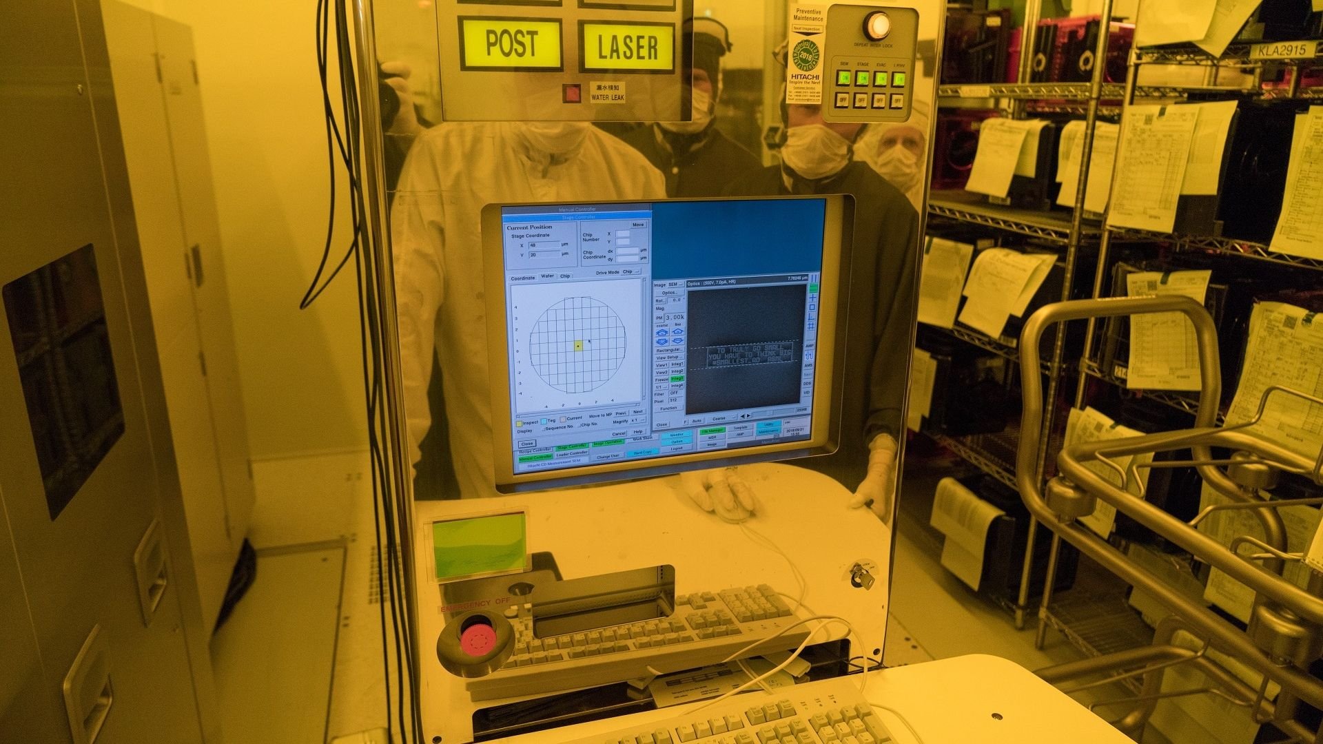 A wafer being assessed in a scanning electron microscope in ASML's cleanroom in Veldhoven, the Netherlands. A wafer being assessed in a scanning electron microscope in ASML's cleanroom in Veldhoven, the Netherlands.