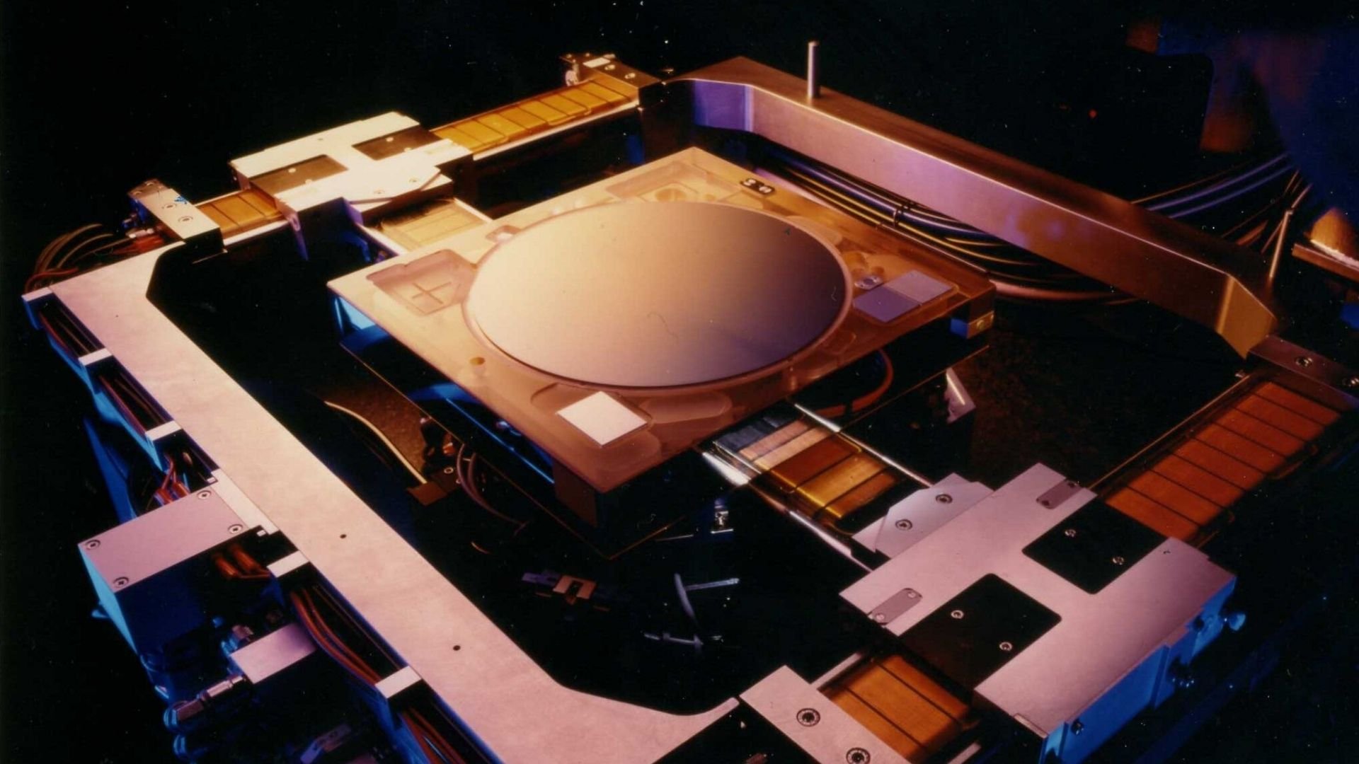 The wafer stage of an early ASML lithography machine.