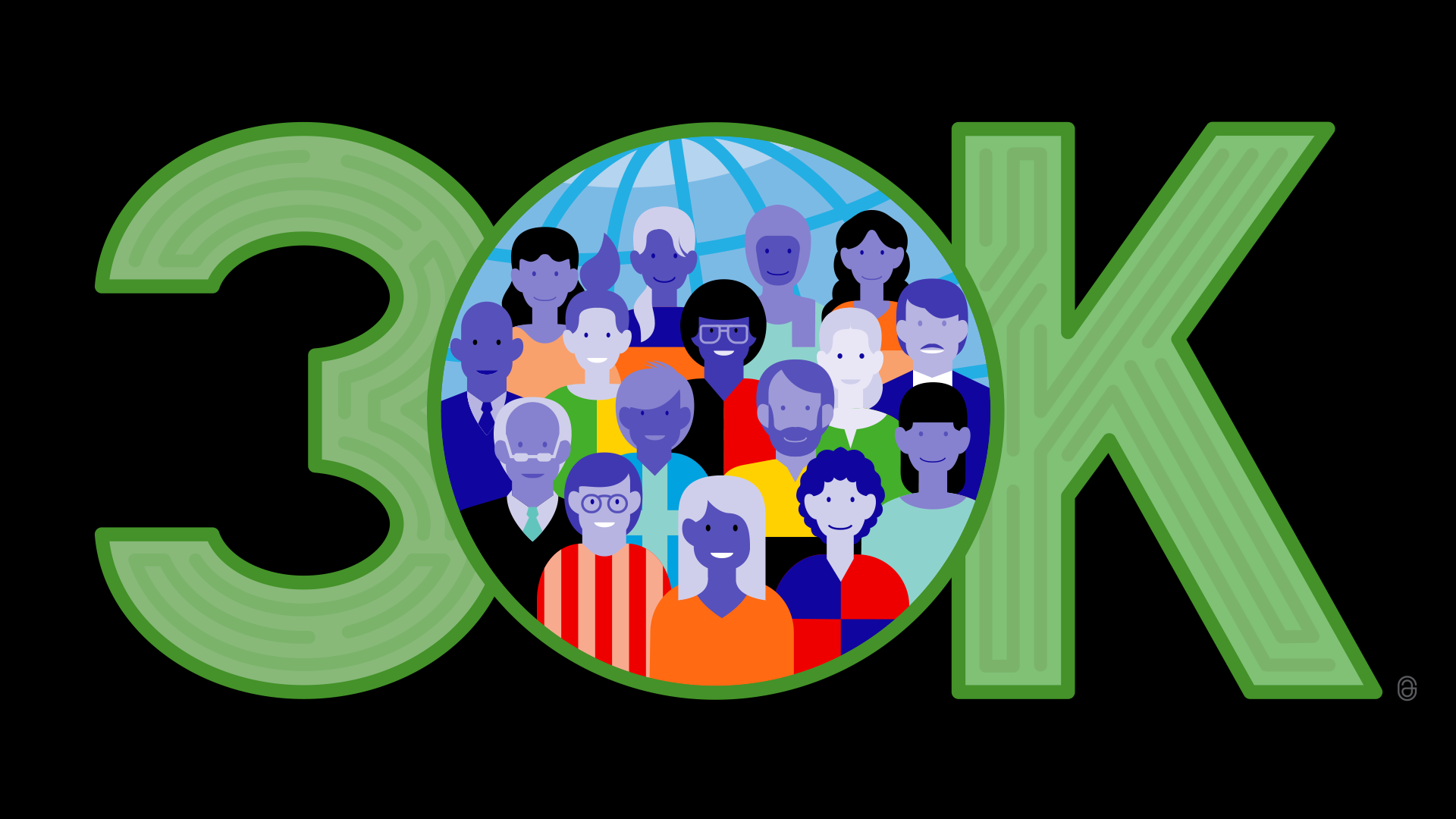 An illustration that reads ‘30K’, with different people within the zero.