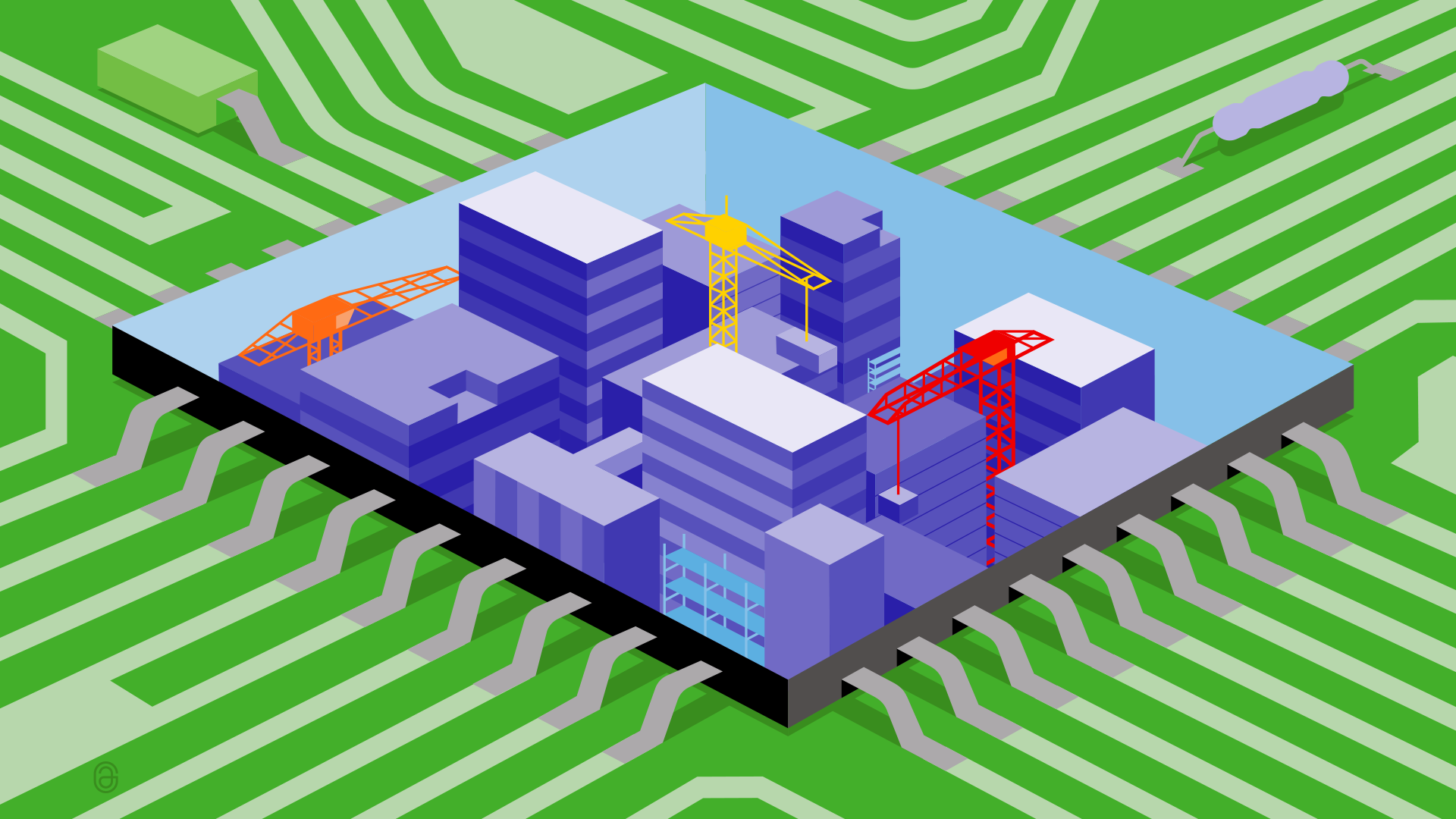 An illustration of a city within a chip, on a motherboard. An illustration of a city within a chip, on a motherboard.