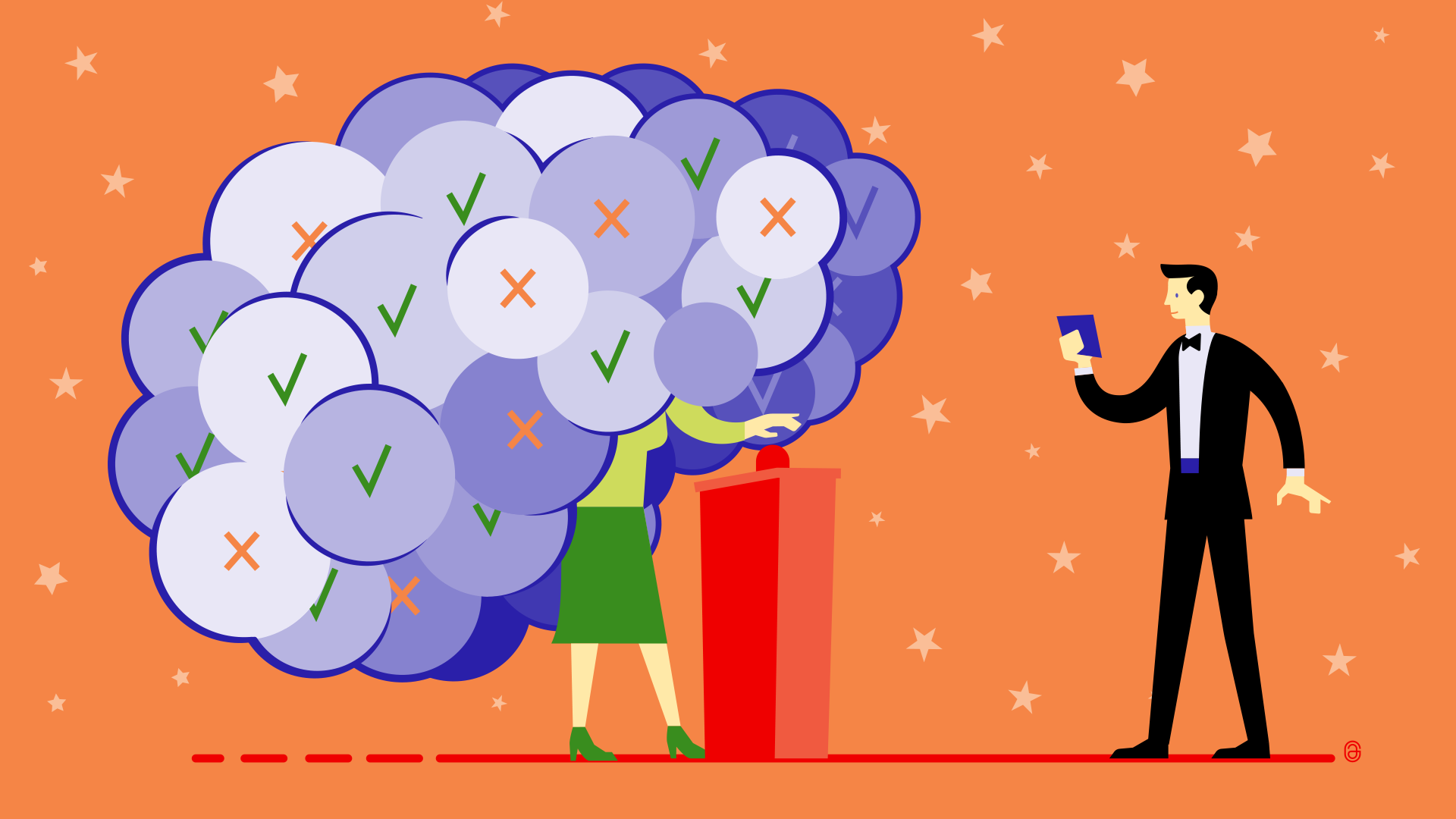 An illustration of a quiz master and participants in a cloud of ticks and crosses.